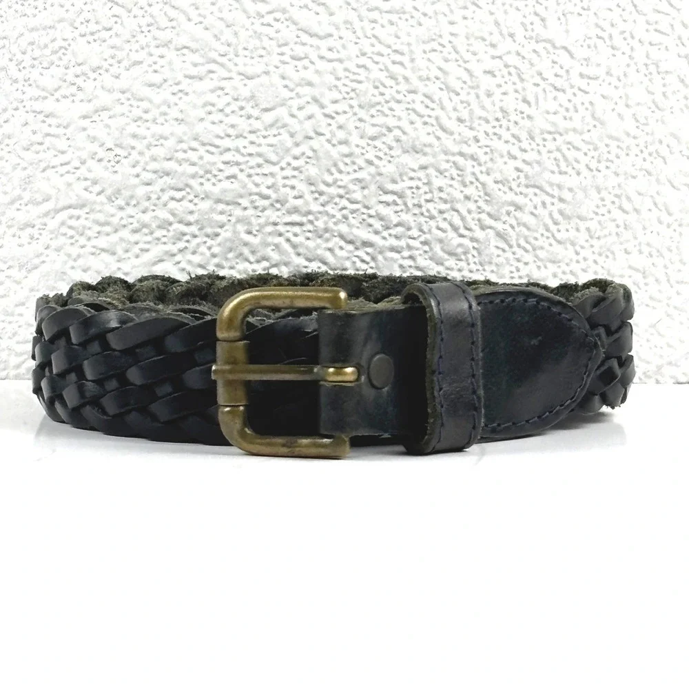 Leather Braided Belt Unisex Large Navy Blue Woven Turkey Woven Boho Preppy